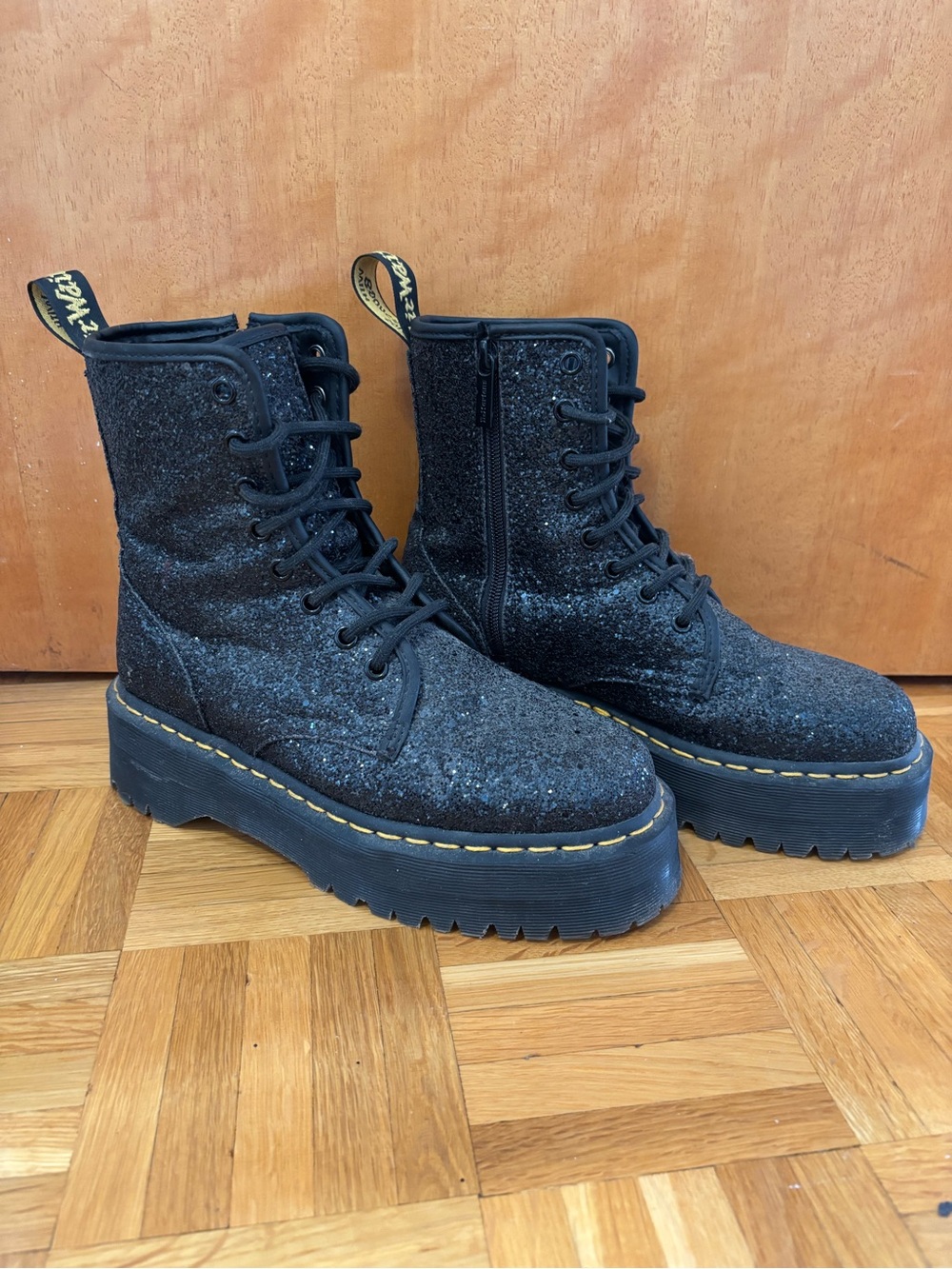 Dr. Martens Black Glitter Platform Lace-Up Ankle Boots